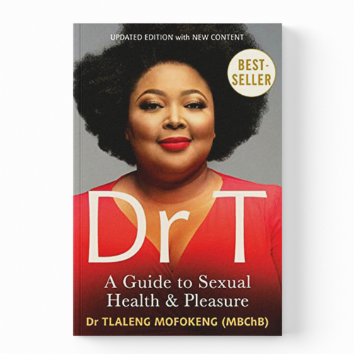 A book cover for 'Dr T: A Guide to Sexual Health & Pleasure' by Dr Tlaleng Mofokeng (MBChB) is shown against a plain white background. The cover features a portrait of a woman with an afro hairstyle, wearing a red top, with the title 'Dr T' in large white letters.