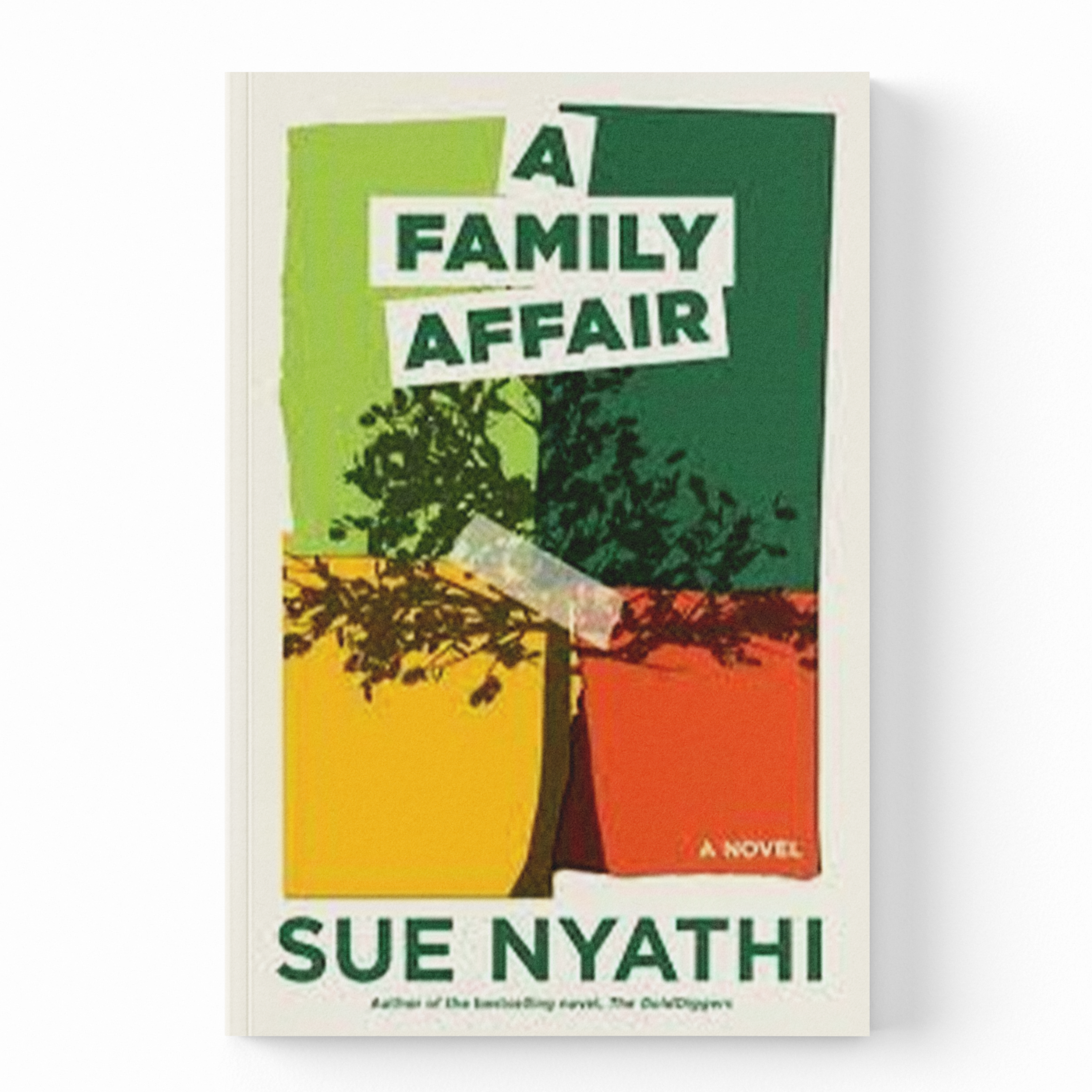 The book cover of 'A Family Affair' by Sue Nyathi, featuring a retro-style graphic design with green, yellow, orange, and red blocks and a tree illustration, shown on a clean white background.